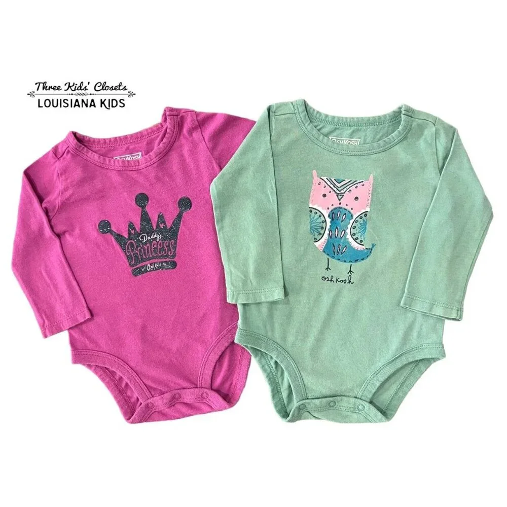 OshKosh 6m Daddy's Princess Crown & Owl Bodysuits Onesies Bundle